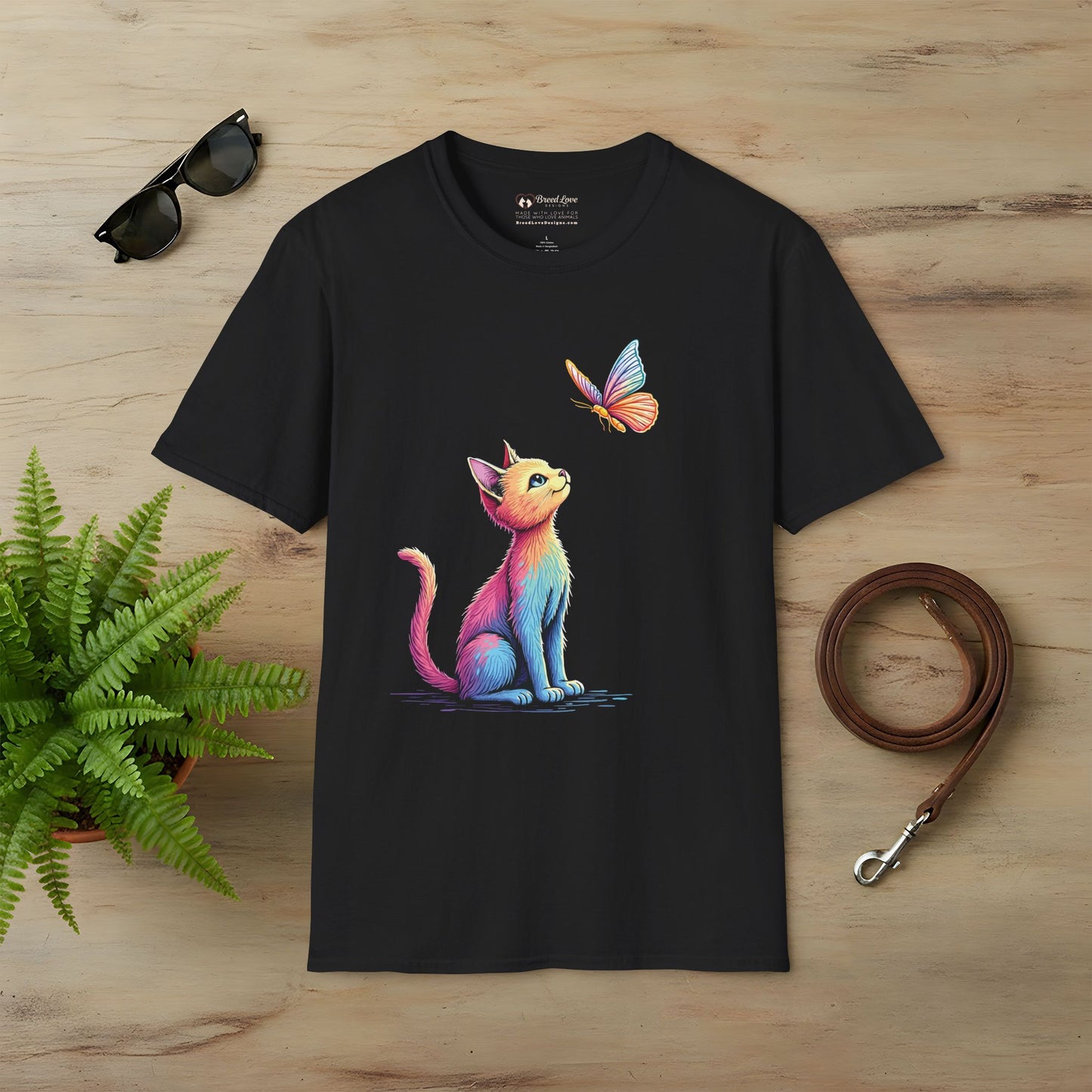 Colorful Cat and Butterfly T-Shirt